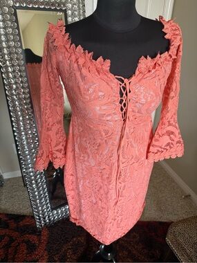 Coral Lace Off-Shoulder Tie-Front Dress